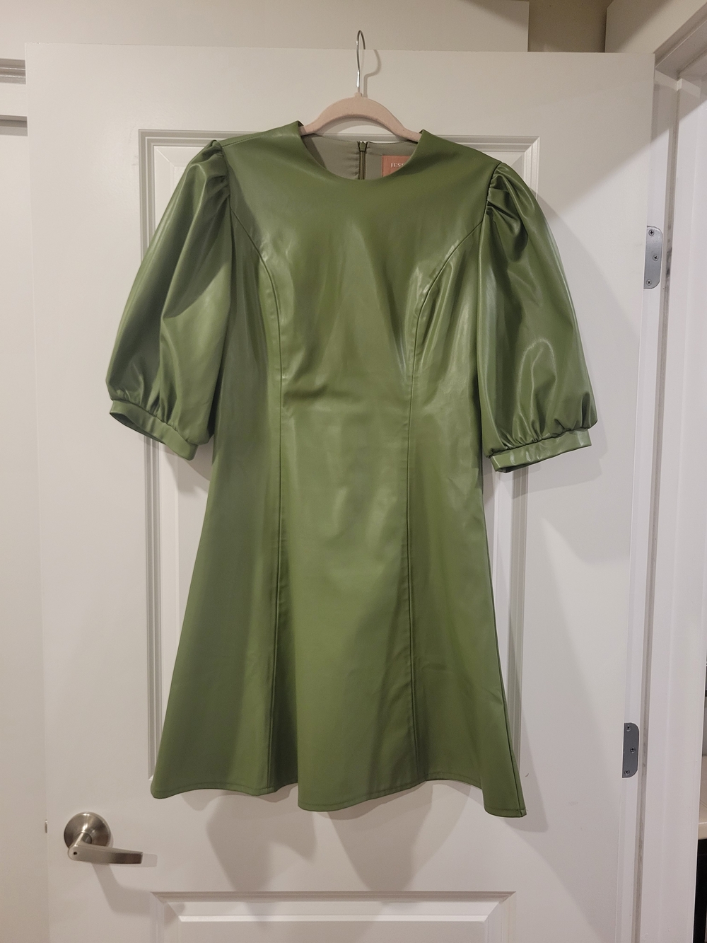JessaKae Olive Green Puff-Sleeve Faux Leather Dress